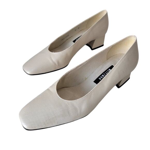 Stuart Weitzman Leather Block Heel Pumps Womens Size 9 Bone White Textured - Picture 1 of 15
